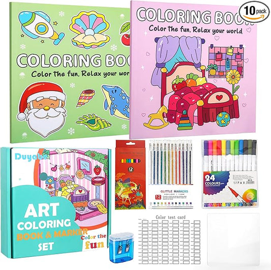Cute Coloring Book Set for Teens Adults Relaxation, Easy and Simple Designs Coloring Book for Teens Girls, Stress Relief Gifts for Women with 24 colors Markers & 12 Glitter Pens & 12 Colored Pencils