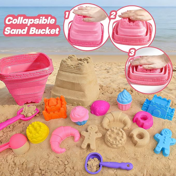 Beach Toys for Kids,Sand Toys 31Pcs Kids Sand Play Set,Castle & Dessert Molds with Collapsible Buckets, Sand Castle Building Kit,Shovels and Mesh Bag,Summer Outdoor Travel Toys for Toddlers Boys Girls