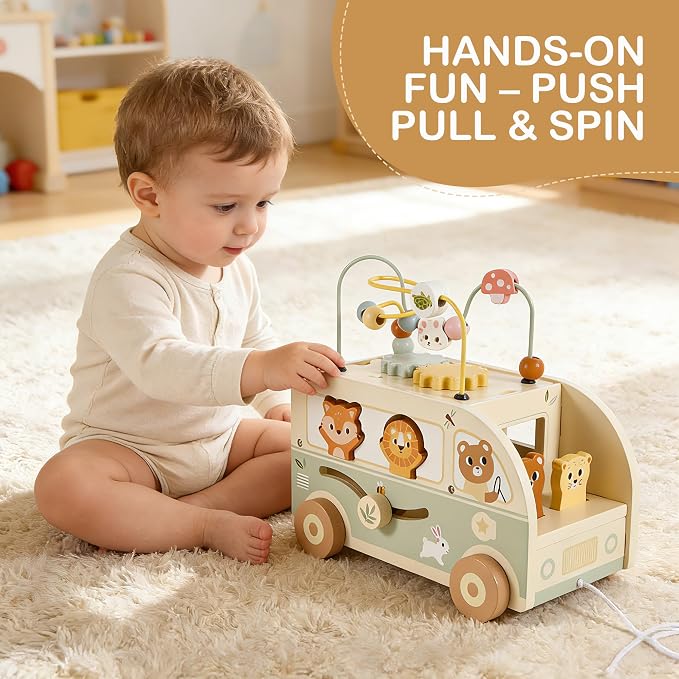 Pithfor Wooden Montessori Toys for 1 Year Old, Push & Pull Car Toys for Baby Toddlers 1 2 3 Year Old, 1st First Birthday Gift for Boys Girls, with Bobbling Driver & Bead Maze
