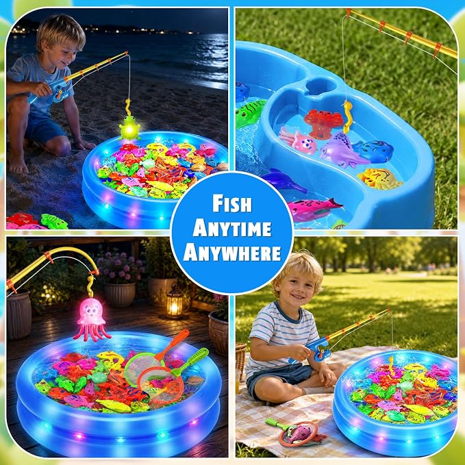 CozyBomB™ Magnetic Fishing Toys Game Set for Kids | Water Table Bathtub Kiddie Pool Party Pole Rod Net, Outdoor Plastic Floating Fish, Toddler Bath Color Ocean Sea Animals Birthday Gift Age 3-5 6 4-8