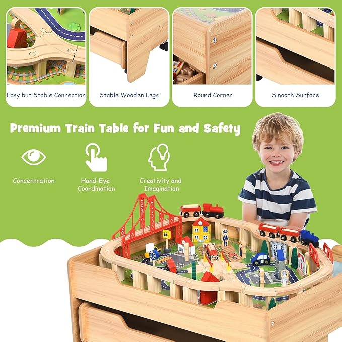 Costzon Train Table with 100 Multicolor Pieces, Wooden Kids Activity Table with Large Rolling Storage Drawer, Tracks, Cars, DIY Design, Train Set Table for Toddlers 3+, Gift for Boys Girls