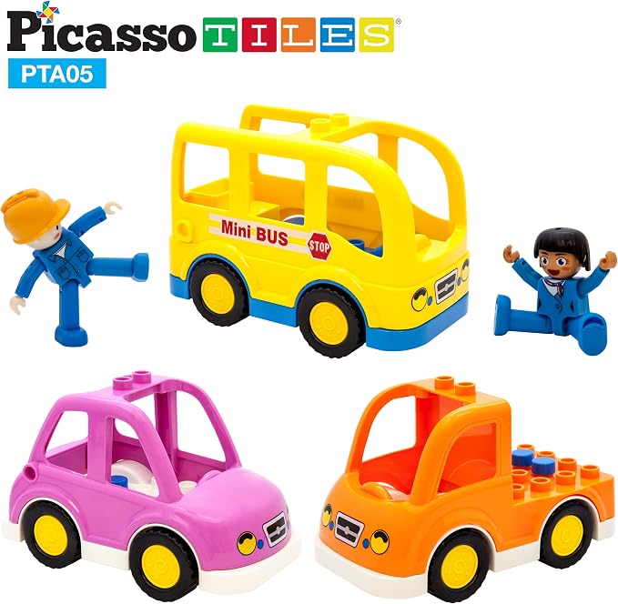 PicassoTiles Magnetic Figures 5 Piece Vehicle and Action Figure Set Including School Bus, Car, Truck and 2 Drivers Magnet Expansion Pack Toddler Toy Kit Pretend Playset for Construction Building Block