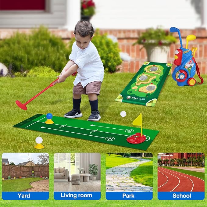 Toddler Golf Set for Boys Girls 2 3 4 Years Old, Upgraded Kids Golf Cart with Putting Mat & Cornhole Board, Outdoor Indoor Sports Toys, Blue