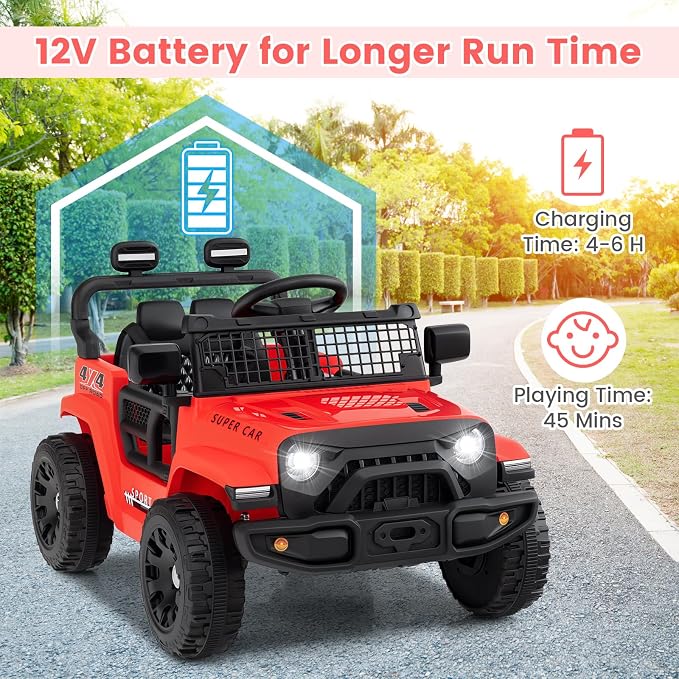 OLAKIDS 12V Ride On Truck, Battery Powered Electric Vehicle for Kids with Remote Control, Foldable Reflective Mirror, Spring Suspension, Music, LED Lights, Ride on Toy for 3+ Boys Girls (Red)