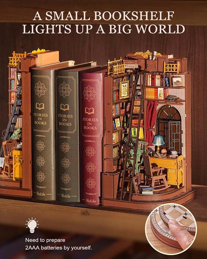 ROBOTIME DIY Miniature Dollhouse Kit, Mini House Book Nook Kits Bookshelf Decor, Vintage Bookstore with Led Light, 3D Wooden Puzzle Gifts for Adults Book Lovers Family Friends (Silent Corner Study)