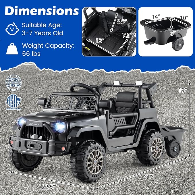 Costzon Ride on Car with Detachable Trailer, 12V Battery Powered Ride on Truck with Parent Remote Control, Light & Music, Electric Vehicle Kids Car Toy for Boys & Girls (Black)