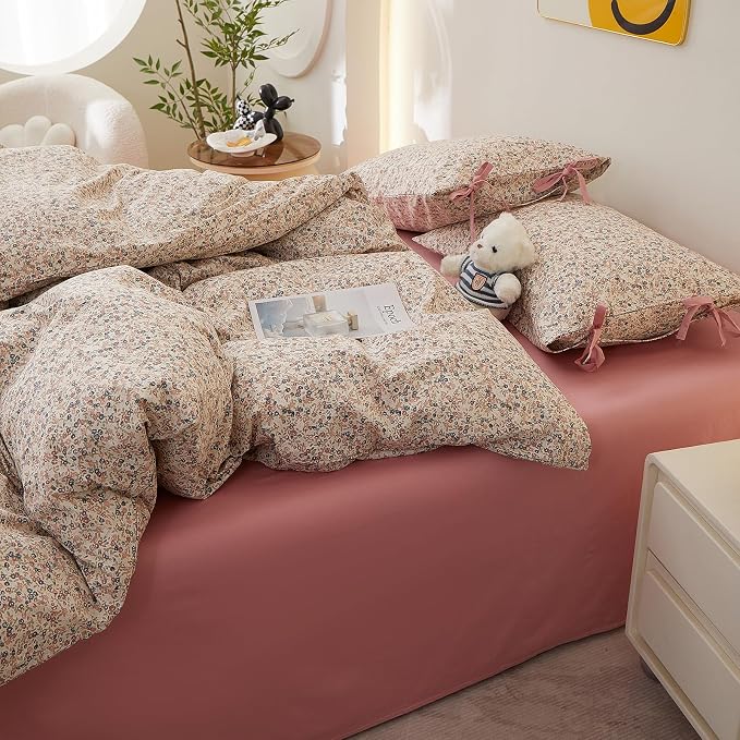 Pink Floral Comforter Set King, Aesthetic Botanical Flowers Comforter with 2 Bow Ties Pillowcases, Lightweight Cute Girls Floral Bedding Comforter Vintage Cottagecore Comforter Set for All Season