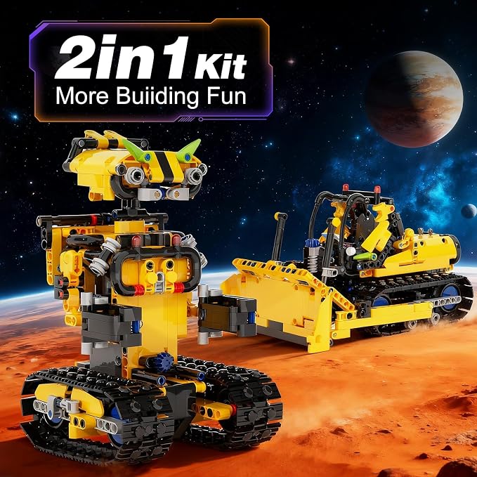 Sciencow 2-in-1 Build a Robot Kit, Remote & APP Controlled Robotic Building Blocks Toys STEM Projects for Kids Ages 8 9 10 11 12 13 14,Chirstmas Birthday Gift for Boys (RC Bulldozer)