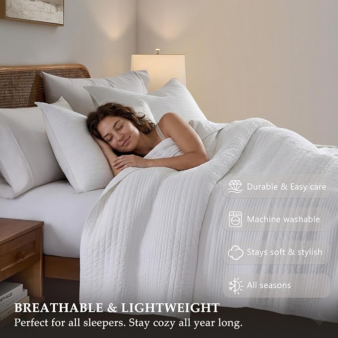 palassio Striped White 100% Cotton Quilt California Cal King Size Bedding Sets, Oversized Lightweight Channel Pick Stitch Textured Bedspread Soft Farmhouse Country Coverlet for All Season, 2 Shams