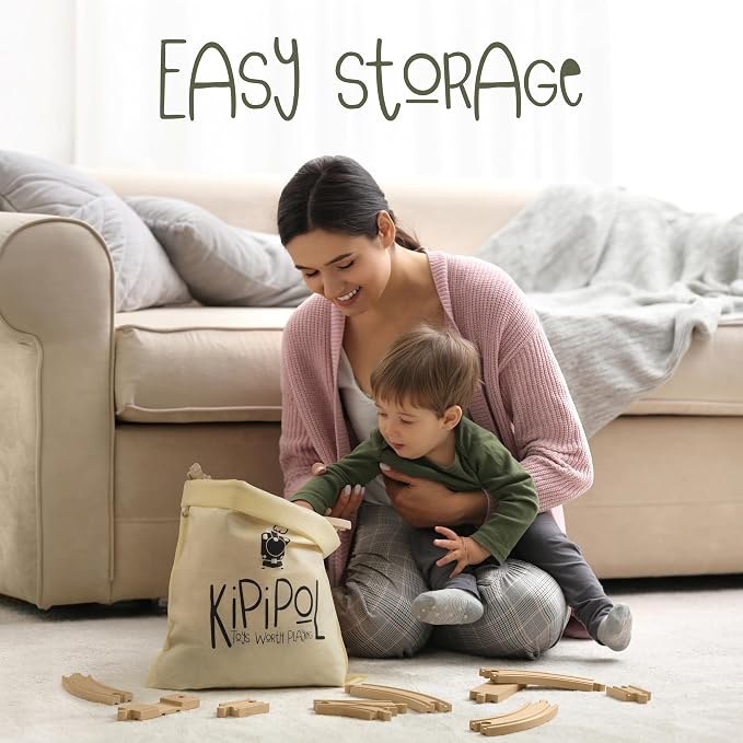 KipiPol Wooden Train Tracks Set - 52 pcs+Bonus Railroad Map –Compatible W All Major Wooden Railway Toy Brands Including: Thomas The Train Track Set, Brio Train, Melissa and Doug Train Set for Kids 3+