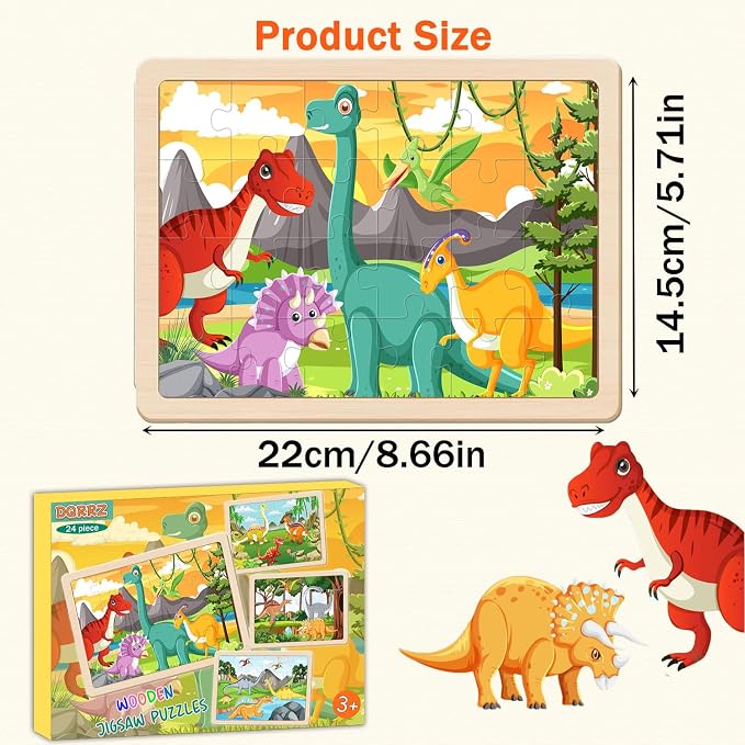 Puzzles for Kids Ages 4-6,24 Pieces Wooden Puzzles for Toddlers Ages 3-5 4-8 3 4 5 6 3-4 Year Olds.4 Pack Dinosaur Puzzle Set Children Jigsaw Puzzles for Boys and Girls Educational Learning Toys