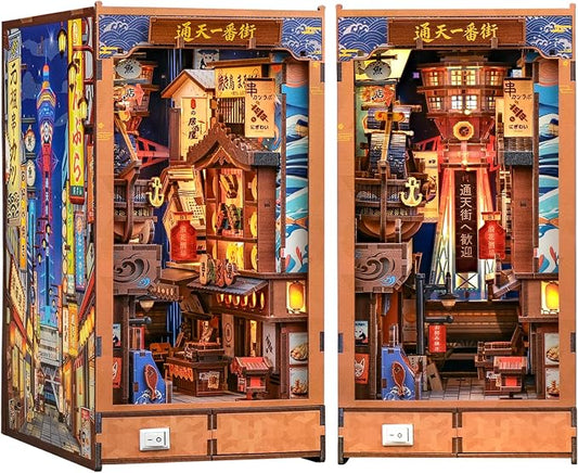 Cutefun Book Nook Kit - DIY Miniature Japanese Osaka Shinsekai Alley | 3D Wooden Puzzle 370 Pcs Bookshelf Insert with LED Light, Vintage Food Street Decor for Adults (Tsutenkaku Ichiban Street)