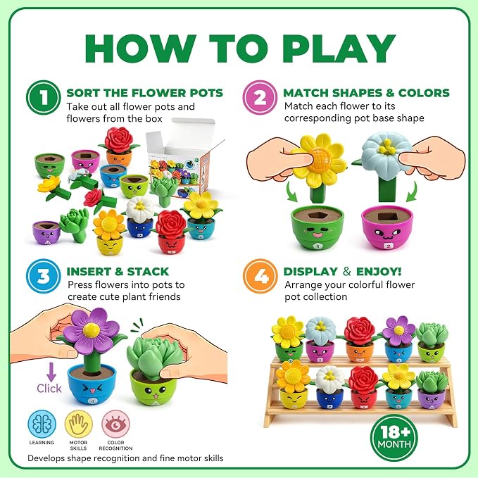 Montessori Flower Garden Building Toy for Girls & Boy, Toddler Gardening Set with 10 Shape & Number Flowers, Preschool Learning Matching & Stacking Game, Sensory Toys Gifts for 1 2 3 Year Old