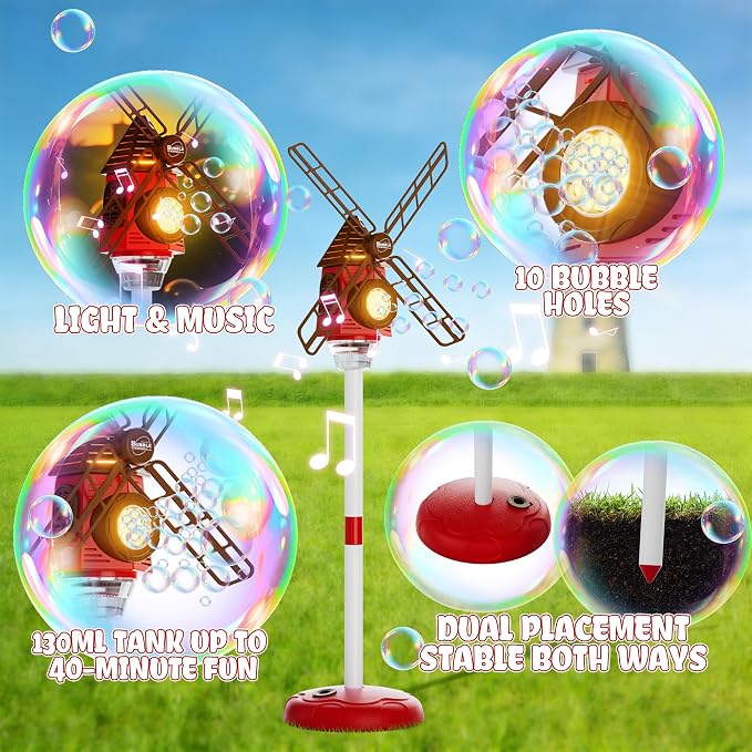Windmill Bubble Machine for Kids, 51" Adjustable Height Bubble Maker with Light & Music, 130ml Tank, 10-Hole Battery Operated Bubble Blower for Toddlers, Backyard Outdoor Party Toys