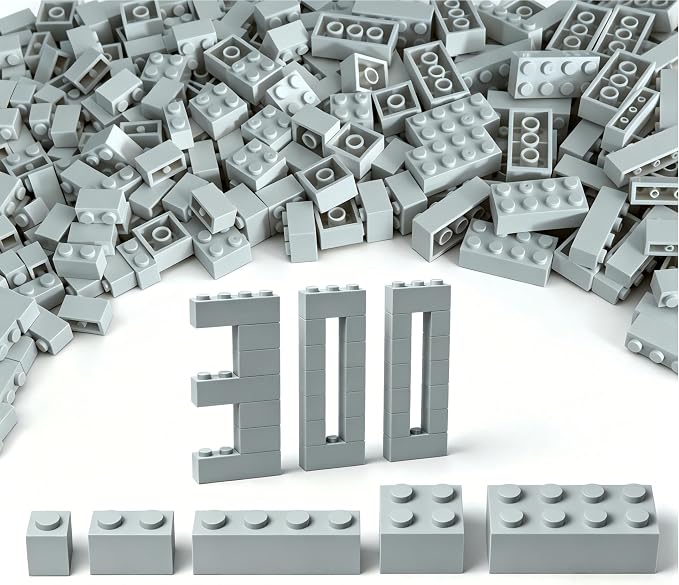 300Pcs Building Brick Bulk, Light Gray Bulk Bricks with 5 Sizes, Compatible with Lego and Parts and Pieces, Creative Halloween Christmas Building Block Toys for Boys Girls Ages 6 7 8 9 10 Years Old