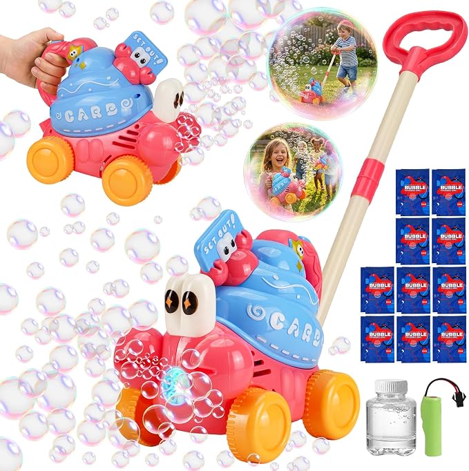 Crab Bubble Machine for Kids,Handheld or Push Bubble Maker Blower,Bubble Lawn Mower W/Lights,Outdoor Toys Birthday Gift for Toddlers Boys Girls 3 4 5 6 Years Old (USB Rechargeable)