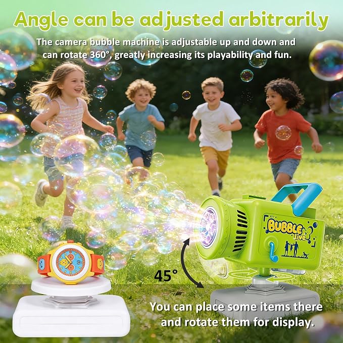 Upgraded Rechargeable Camera Bubble Machine, Bubble Maker for Kids with LED Light, Auto 360° Rotation, Large Bubbles, Type-C Charge, Outdoor Toys Gifts for Wedding, Birthday, Parties, Easter