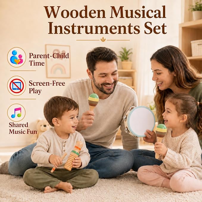 Wooden Musical Instruments Set for Toddlers 3+, Montessori Music Toys with Xylophone, Maracas & Tambourine, Soft Sound Indoor Percussion Toys, Early Learning Gift for Boys Girls