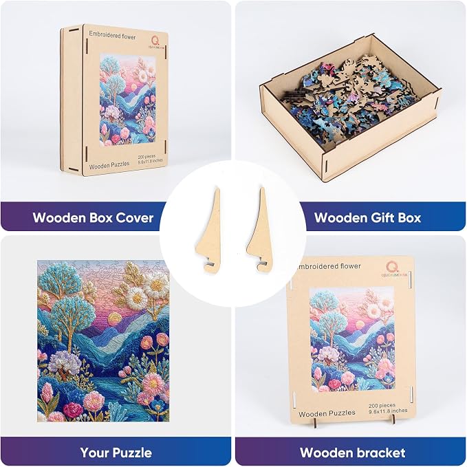 Wooden Jigsaw Puzzles for Adults, Embroidered Flower Landscape Art Puzzle, Unique Shaped Pieces, Educational Game Gift for Kids and Adults 200 Pieces 8.6x11.8in