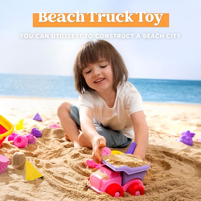 Sloosh Beach Sand Toys Set - Pink Dump Truck Car Toy with Sand Molds, Collapsible Buckets Mesh Bag Shovels Castle Ice Cream Mold for Ages Kids Toddlers Sandbox Toys Gifts Travel Vacation (Foods)