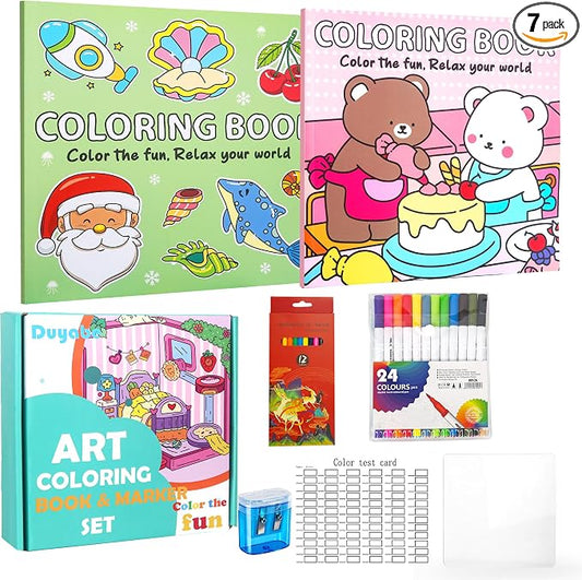 2 Pack Cute Coloring Book Set for Teens Adults Relaxation, Easy and Simple Designs Coloring Book for Teens Girls, Stress Relief Gifts for Women with 24 Colors Markers & 12 Colors Pencils