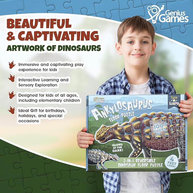 Ankylosaurus Dinosaur Jigsaw Puzzle | 100-Piece Double Sided Floor Puzzle with Glow-in-the-Dark Skeleton On Other Side | 4 FT Scientifically Accurate Dino Illustration | Educational Toy for Kids