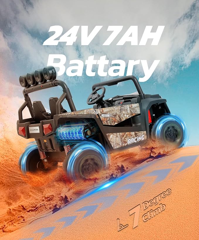 ELEMARA 2 Seater 24V Ride on Toys for Big Kids,4x4 All-Terrain Electric Vehicle,car Activities for Kids,car for Toddlers W/Parents Control,Wide Seat,Soft Start,Bluetooth,LED Light,Camouflage Black