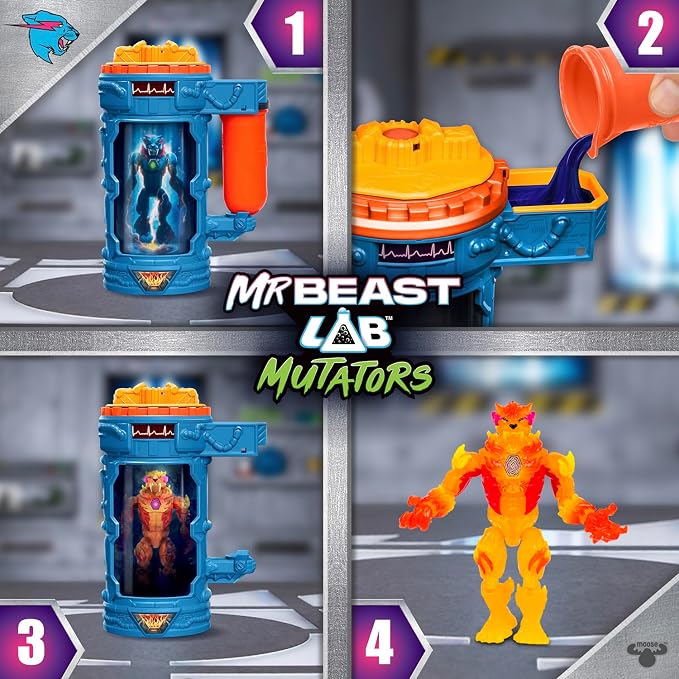 MrBeast Lab Hyper Fusion Mutators, Experiment & Create The Fire Panther, Add Mutation Fluid, Press The Fingerprint Scanner & Reveal The Panther, Over 20 Points of Articulation, Collect All 3