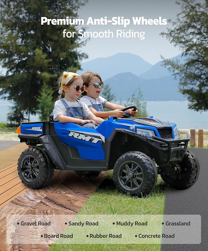 ELEMARA 24V Ride on Toy for Big Kids,Ride on Car 2 Seater w/Sun Shade,Dump Bed & Shovel,4.5MPH,4WD Electric Car for Kids,Battery Car w/Remote,Kids Ride on Truck,3 Speeds,LED Lights,Bluetooth, Royal