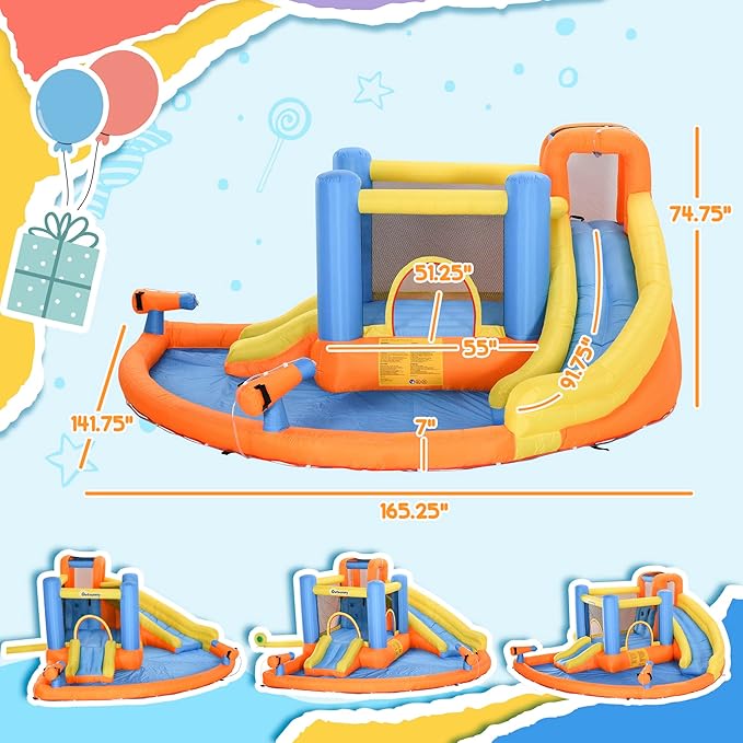 Outsunny Inflatable Water Slide, Kids Bounce House Water Park with Pool, Climbing Wall, Water Cannon, Dual Slides, Trampoline, 5-in-1 Bouncy Castle with Air Blower for Outdoor Indoor Backyard Fun