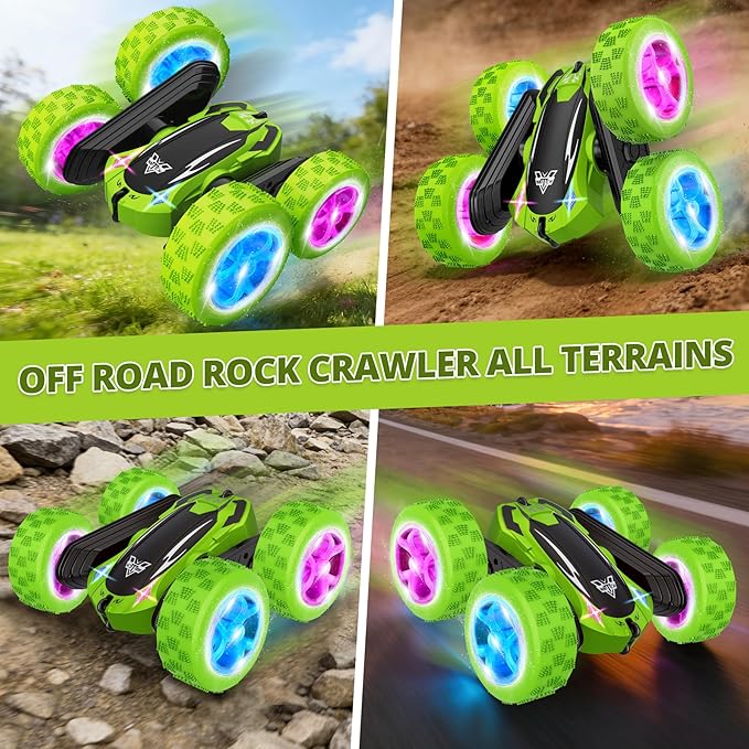 KKONES Remote Control Car, 2.4GHz Electric Race Stunt Car, Double Sided 360° Rolling Rotating Rotation, LED Headlights RC 4WD High Speed Off Road Gift for 3 4 5 6 7 8-12 Year Old Boy Toys (Green)