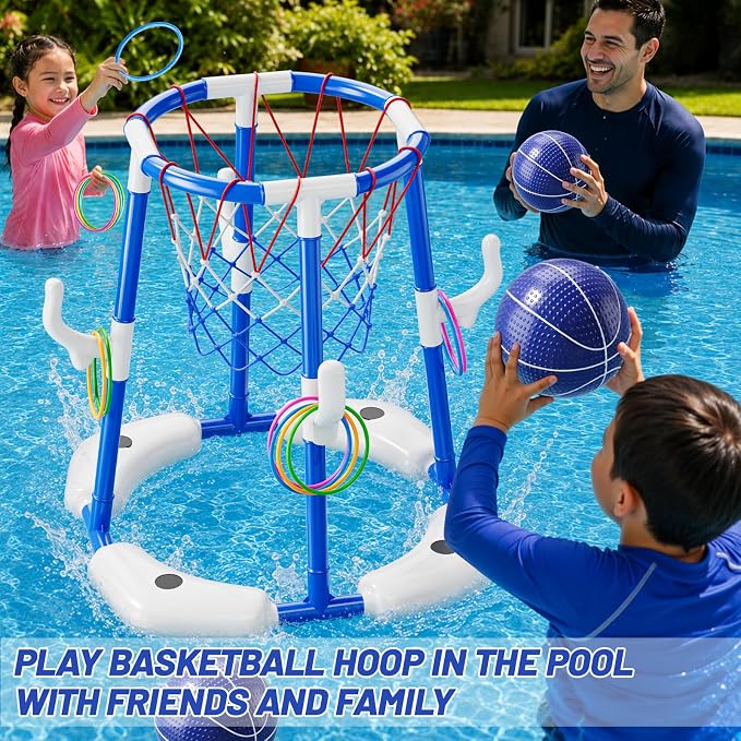 JUKUDAHU Pool Basketball Hoop, Boy Pool Toys for Kids Ages 4-8, 2-in-1 Floating Pool Ring Game with 4 Balls and Pump, Outdoor Swimming Water Play Toy, Summer Water Toys for Kids Adults Age 3-12