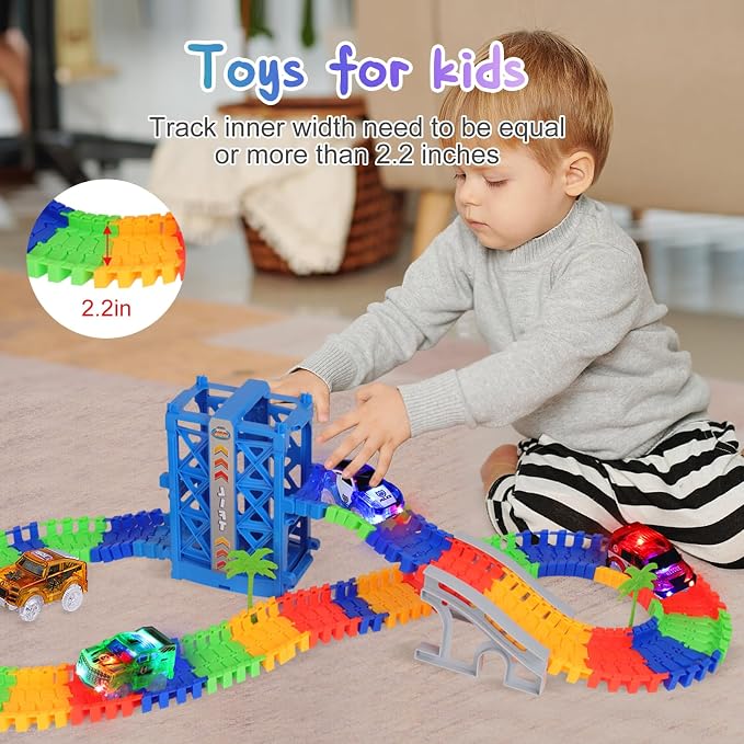 Tracks Cars Magic Light Up Track Cars Toy Glow in The Dark for 3 4 5 6 7 8 Kids Boy Girl, Race Cars with 5 LED Flashing Light Battery Operated Vehicle Compatible w/Most Tracks (4Pcs)