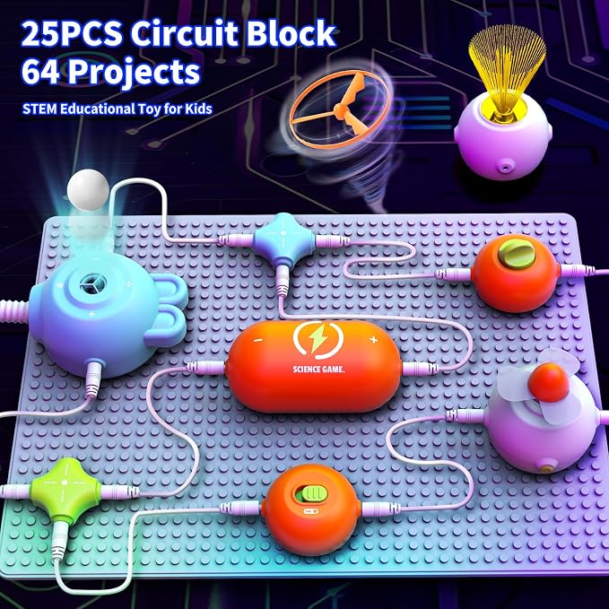 Electronic Circuit Building Blocks STEM Toy, 25PCS Modules with Fan, RGB Light & Flying Disc, 64 DIY Projects, No Soldering Tool-Free Science Kit, Educational Gift for Kids 3-12