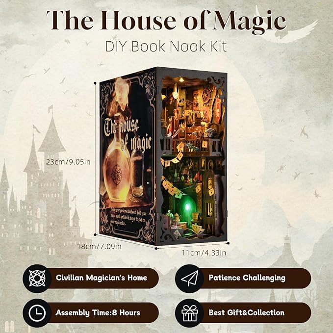 Book Nook Kit for Adults and Teens DIY 3D Wooden Puzzle Bookends, Miniature Dollhouse Kit Bookshelf Decoration, Magic Alley Model with LED Lights,The House of Magic