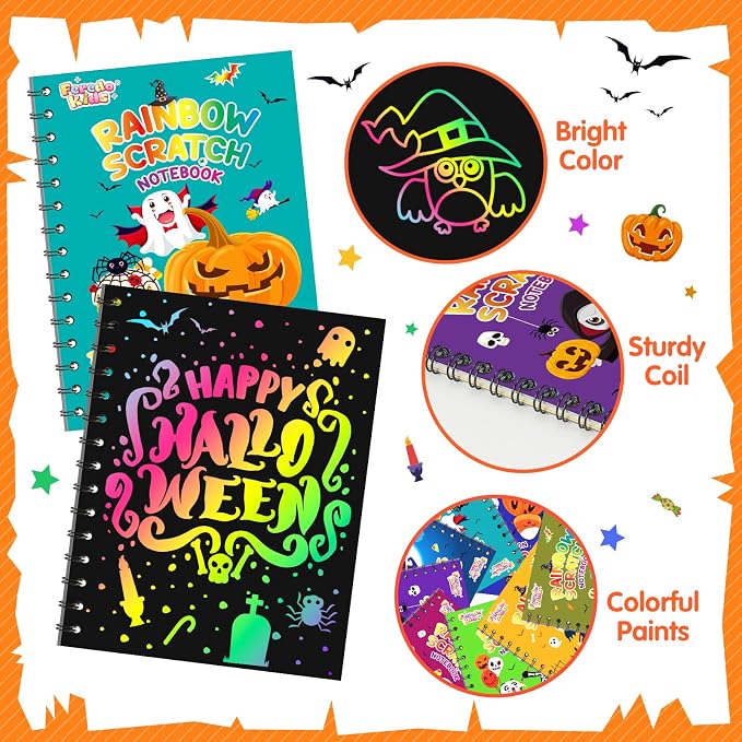 Halloween Scratch Art Party Favors: 16 Pack Rainbow Scratch Notebook Paper Party Favors for Kids Halloween Goodie Bags Stuffers Girls Boys Art Craft Birthday Gifts for Students Classroom