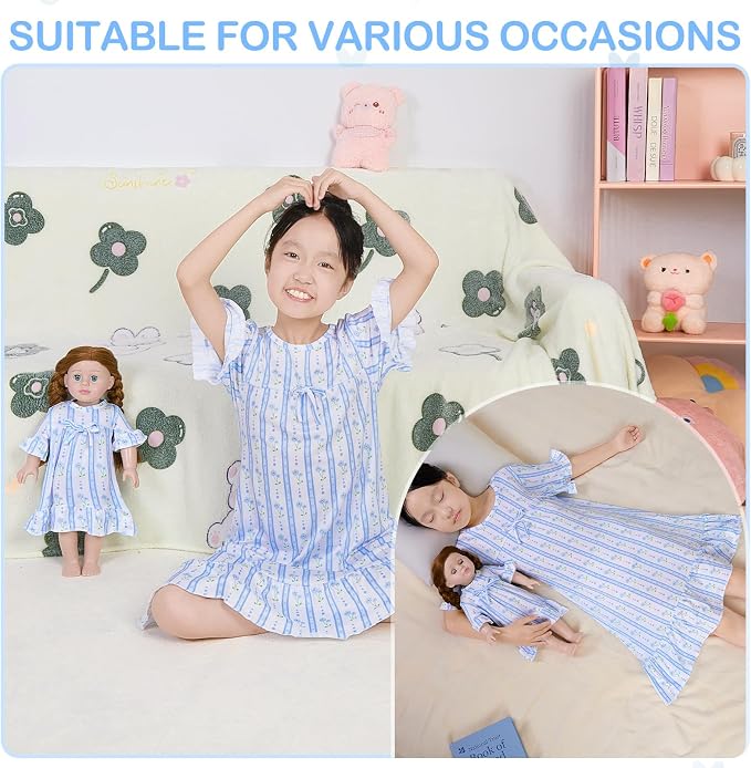 MHJY Matching Girls & Doll Nightgowns Vintage Short Sleeve Sleepwear Pajamas Dress for Girls and 18" Girl Doll
