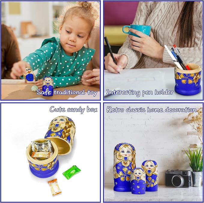 Starxing Russian Nesting Dolls Matryoshka Wood Stacking Nested Set 7 Pieces Handmade Toys for Children Kids Christmas Halloween Easter Mother's Day Birthday Home Room Decoration Gift (Blue)