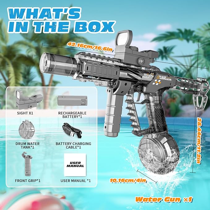 Electric Water Gun for Adults & Kids, Automatic Squirt Gun with 26 FT Range, Flashing Muzzle, USB Rechargeable Battery, 320cc Drum Reservoir, Outdoor Beach Pool Party Toys for Boys Girls