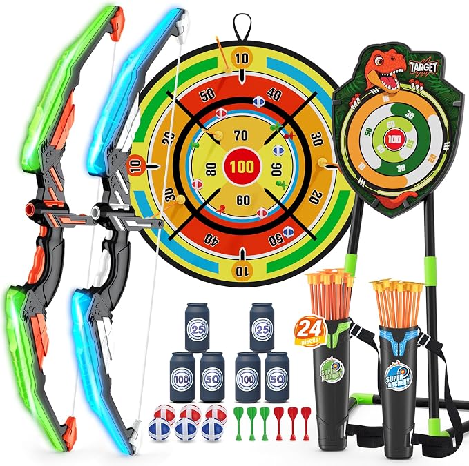 HYES 2 Pack Kids Bow and Arrow with 29" Large Dart Board, LED Light Up Archery Set with 24 Suction Cup Arrows, Indoor Outdoor Sport Toys Gifts for 3 4 5 6 7 8 9 10 11 12 Year Old Boys Girls