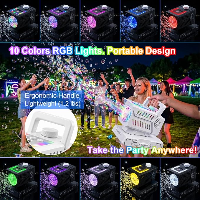Bubble Machine for Kids, Rechargeable Bubble Blower with Remote & RGB Lights, Automatic Rotating Battery Bubble Maker for Birthday Parties, Weddings, Outdoor Activities
