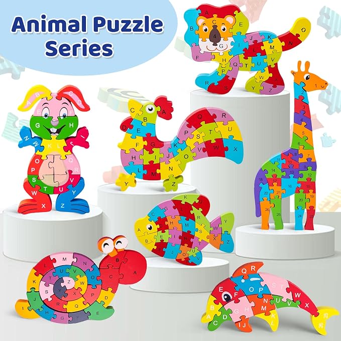 LovesTown Wooden Puzzles for Kids, Double Sided Lion Jigsaw with Alphabet & Numbers, Montessori Educational Toy for Toddlers, Chunky Animal Gift