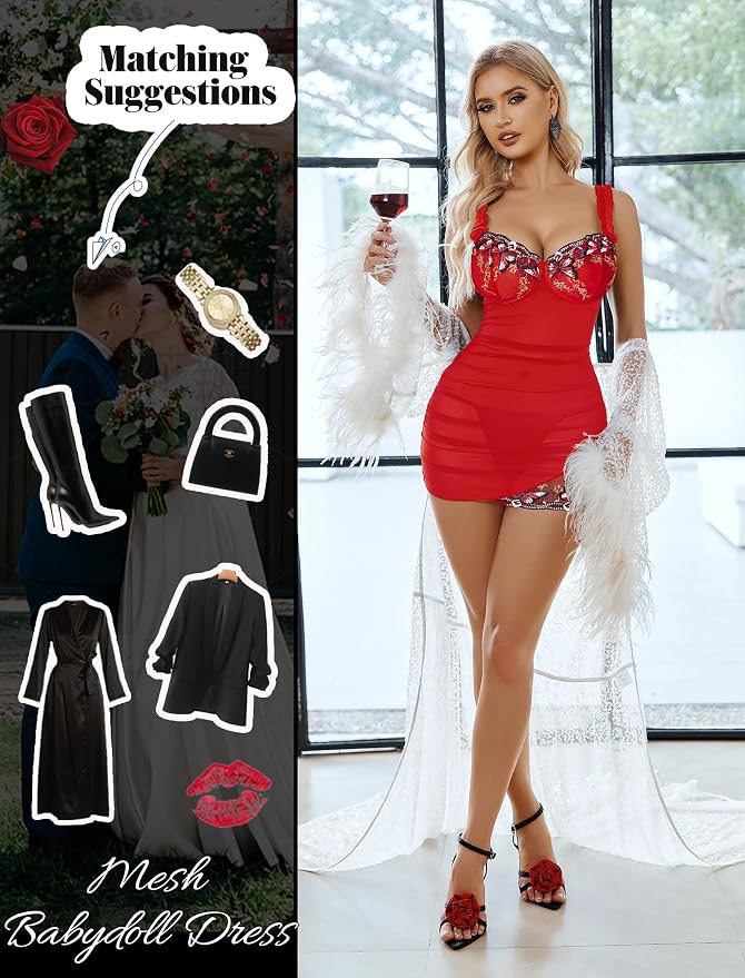 Avidlove Lingerie for Women Mesh Babydoll Lingeries Lace Chemise Floral Sleepwear Dress Sheer Exotic Boudoir Outfit S-XXL
