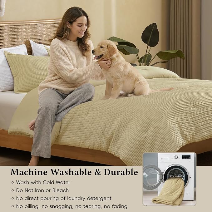 David's Home Waffle Weave Comforter Set 3PCS King Size, Soft Breathable Lightweight Cozy Skin-Friendly Warm for All Season, Elegant Aesthetic Home Decor Bedding Set with Pillow Shams, Pale Khaki