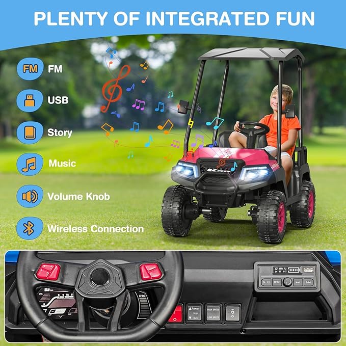LIGIANT 24V Ride on Car for Big Kids, 4-Seaters Ride on Golf Cart, Max. Capacity: 264 Lbs(4 Kids), 4WD Kid's Car w/Remote Control, Detachable Awning, Spring Suspension, Music/Story/Power Display