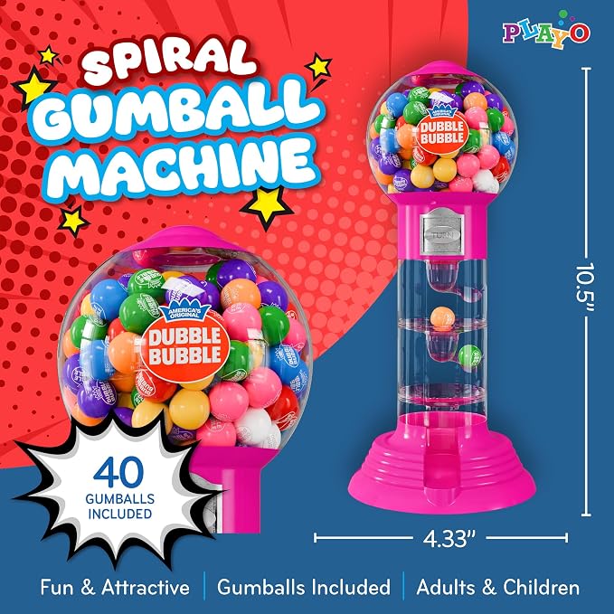 PlayO 10.5" Gumball Machine for Kids, Spiral Style Candy Dispenser for Gifts, Parties or Events - Bubblegum Machine w/Gumb Balls Included