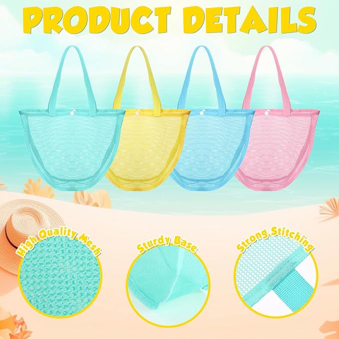 8 Pcs Beach Seashell Bags Summer Mesh Seashell Collecting Bag with Handles Pool Party Gift Pouch for Market Grocery(Gentle,Single)