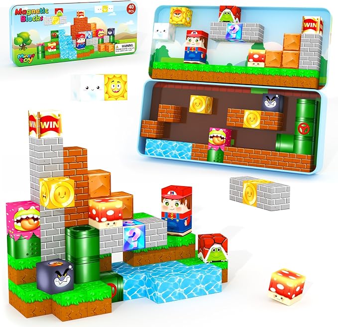 Mini Magnetic Blocks Toddler Travel Essentials Toys with Case Set, Kids Games Montessori Preschool Education Sensory Toys for 3-8 Year Old Boys Girls Christmas Birthday Gifts