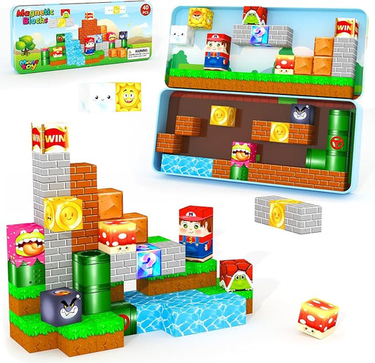 Mini Magnetic Blocks Toddler Travel Essentials Toys with Case Set, Kids Games Montessori Preschool Education Sensory Toys for 3-8 Year Old Boys Girls Christmas Birthday Gifts