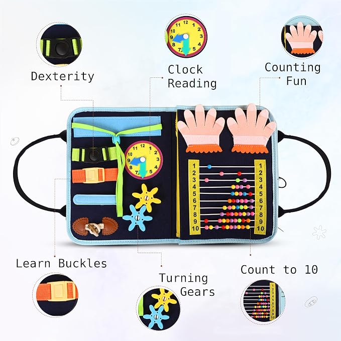 Busy Book for Toddlers - Montessori Busy Board with Sensory Activities for Learning Fine Motor Skills, Travel Toys for Toddlers for Airplane, Car. for Boys and Girls.